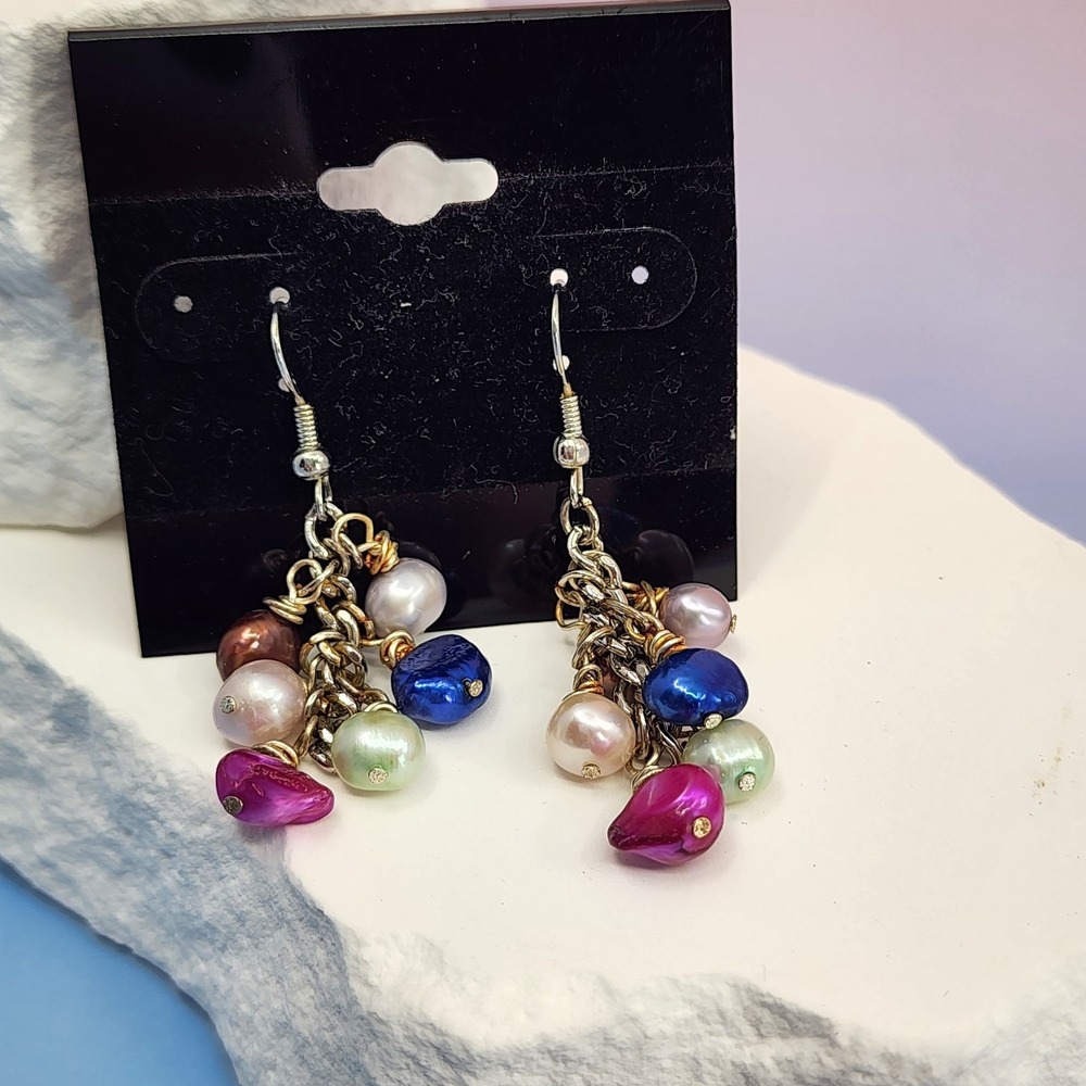 Vintage Multicolor Freshwater Faux Pearl Cluster Dangle Earrings Boho Statement